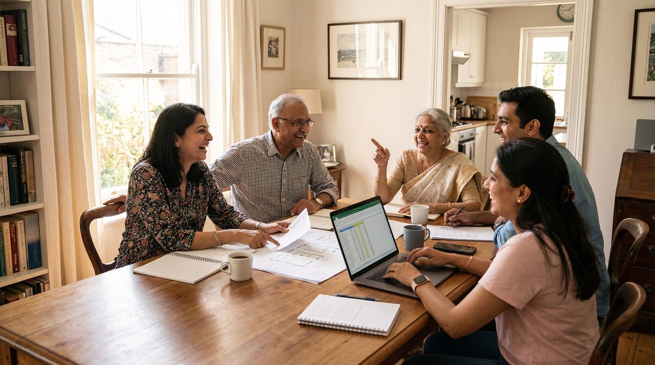 Multigenerational family discussing plans and finances around a dining table at home