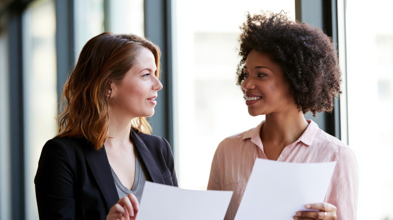 Two professional women discussing financial documents in a bright office
