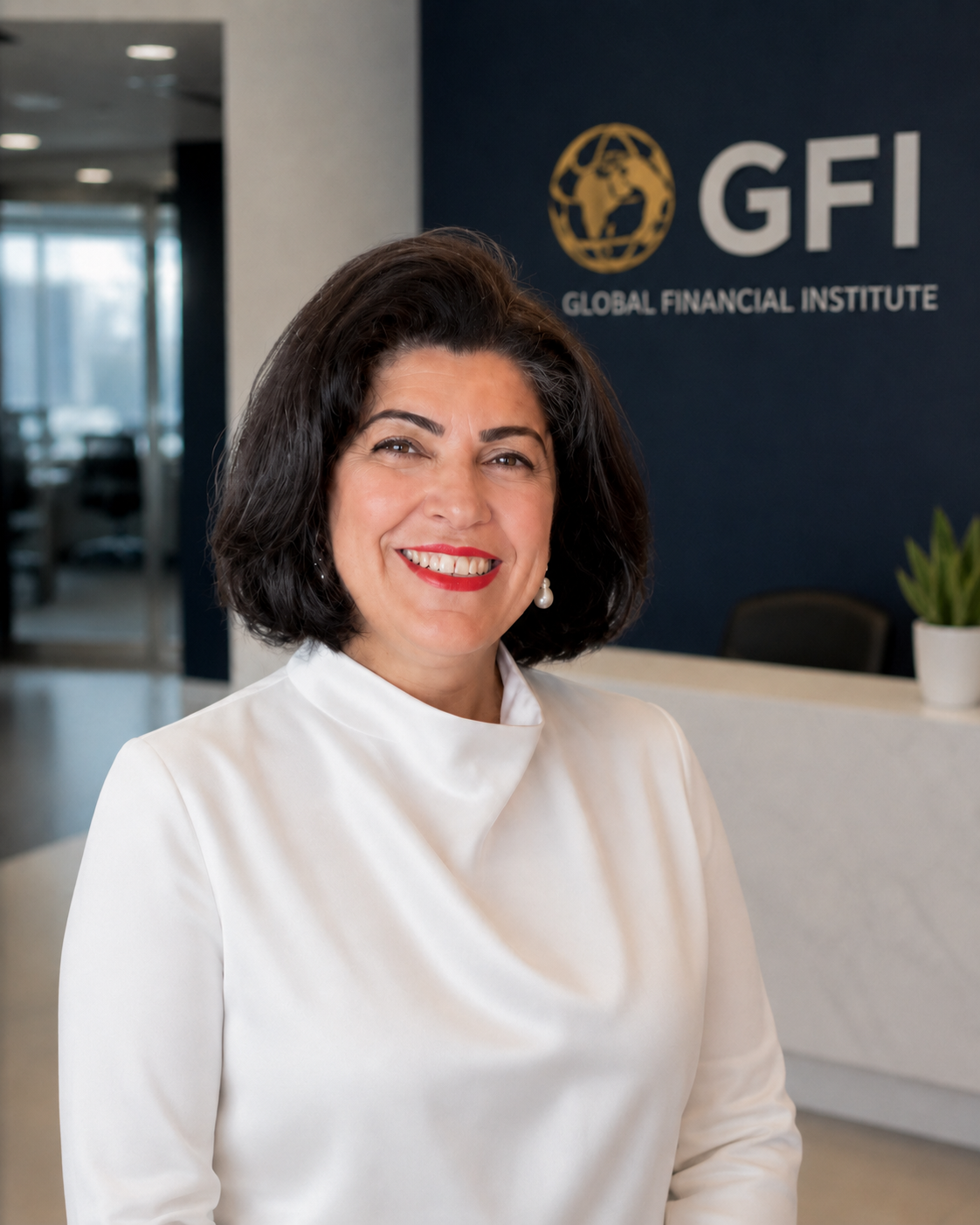 Dr. Maryam Alaee smiling in the GFI Global Financial Institute office lobby